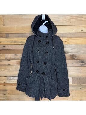 Sebby Peacoat Womens M Tweed Hooded Double Breasted Belted Cozy Warm